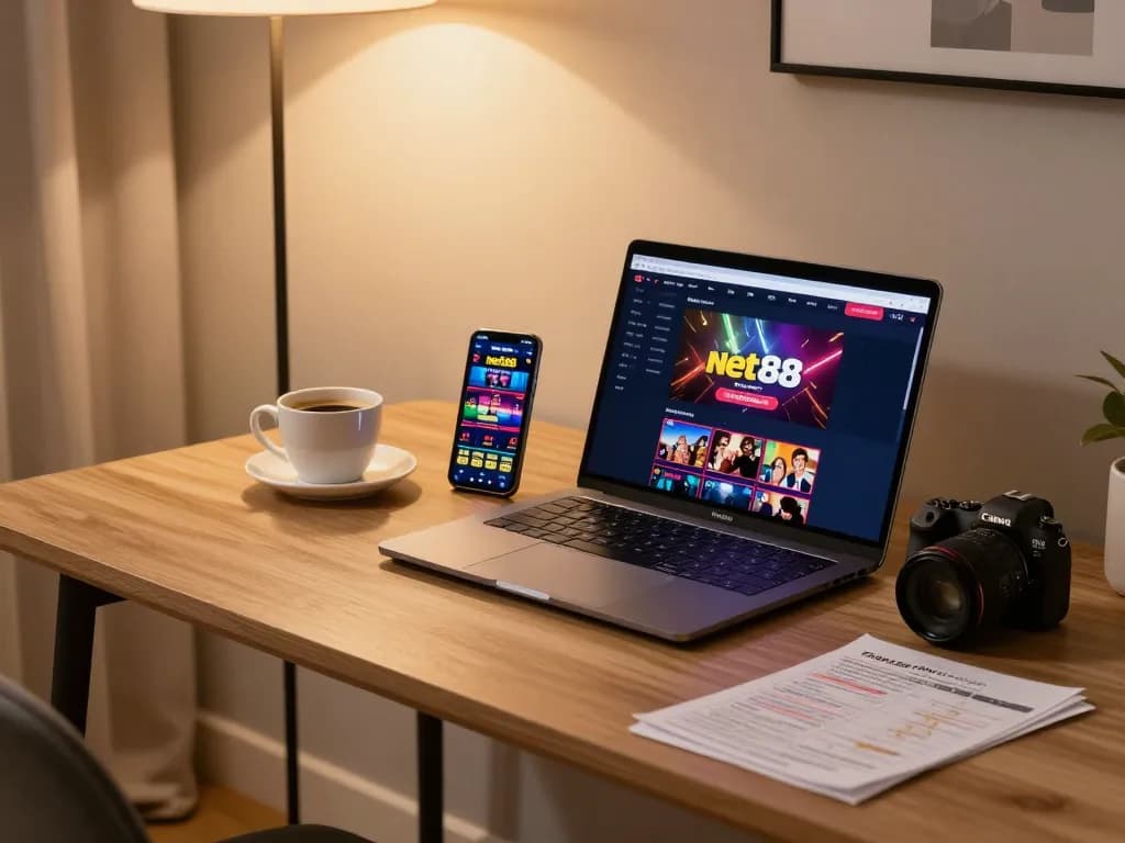 Engaging in online gaming at net88 with a laptop and smartphone, creating an inviting atmosphere