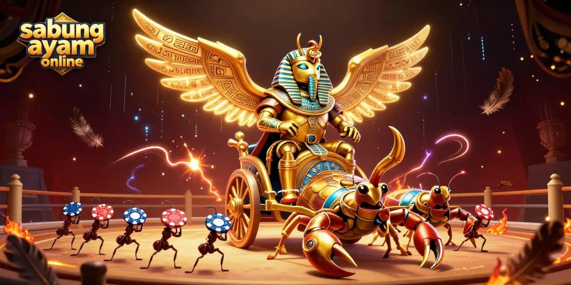 Sabung ayam online betting scene with a golden scarab beetle, jewel-encrusted scorpions, and ant soldiers amidst a vibrant cockfighting arena.