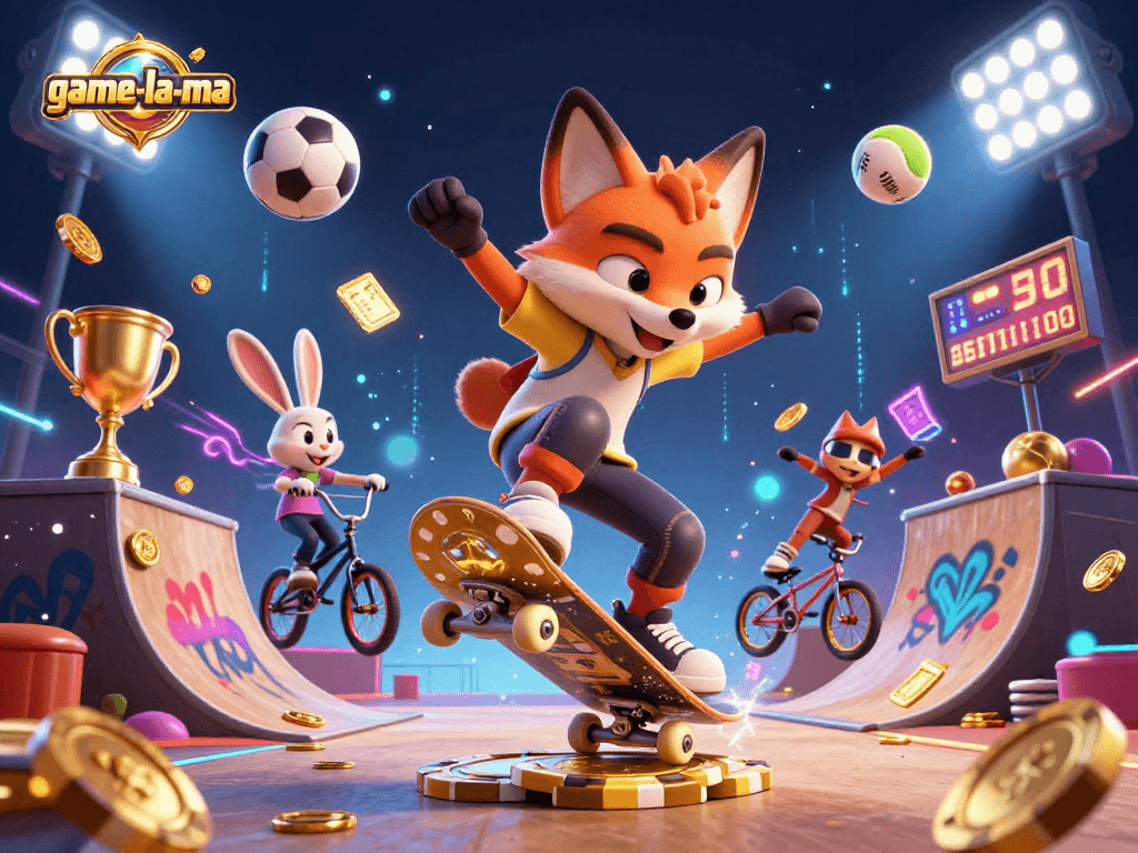 Engage with game-la-ma sports betting dynamics featuring a skateboarder fox and BMX rabbit in action