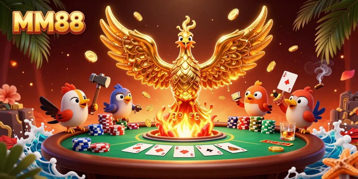Experience the thrill of MM88's golden phoenix in a vibrant casino scene filled with poker elements.