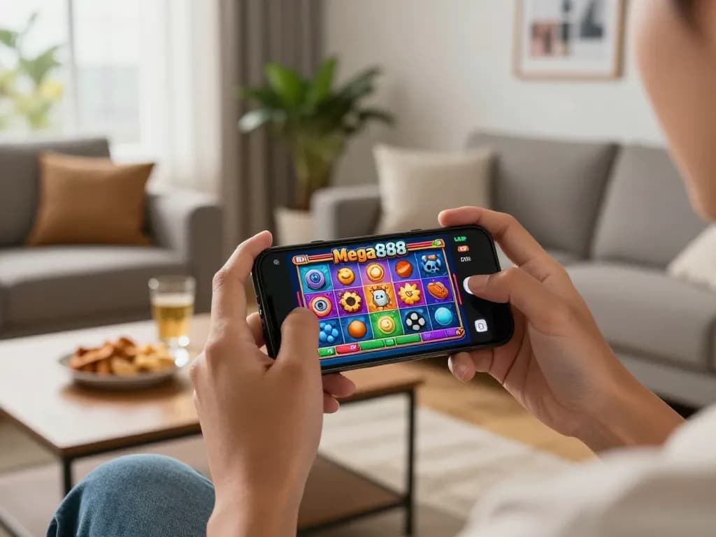 Mega888 player enjoying a mobile slot game on smartphone in a cozy home setting.