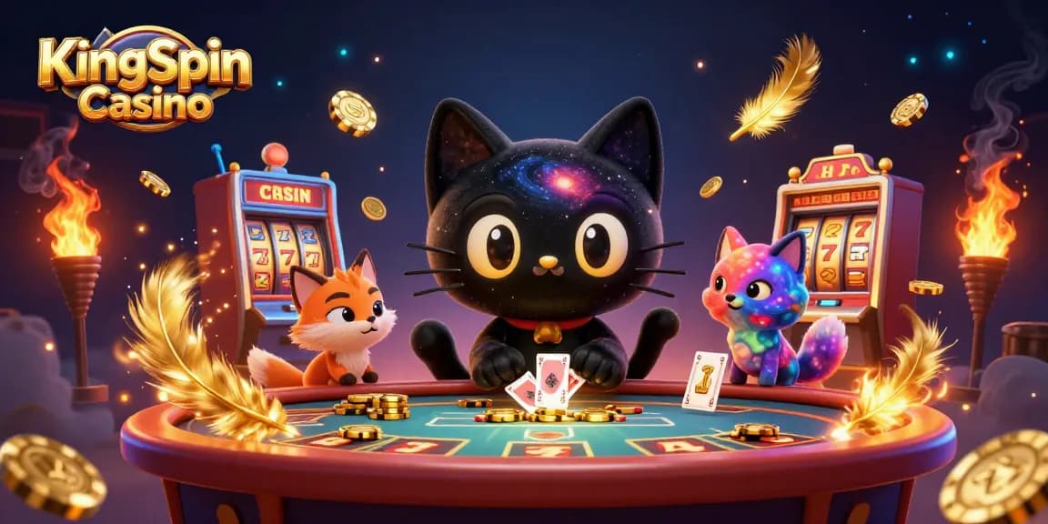 A KingSpin Casino játékosai a nyerőgépes asztalnál, figyelemfelkeltő vizuális hatásokkal.