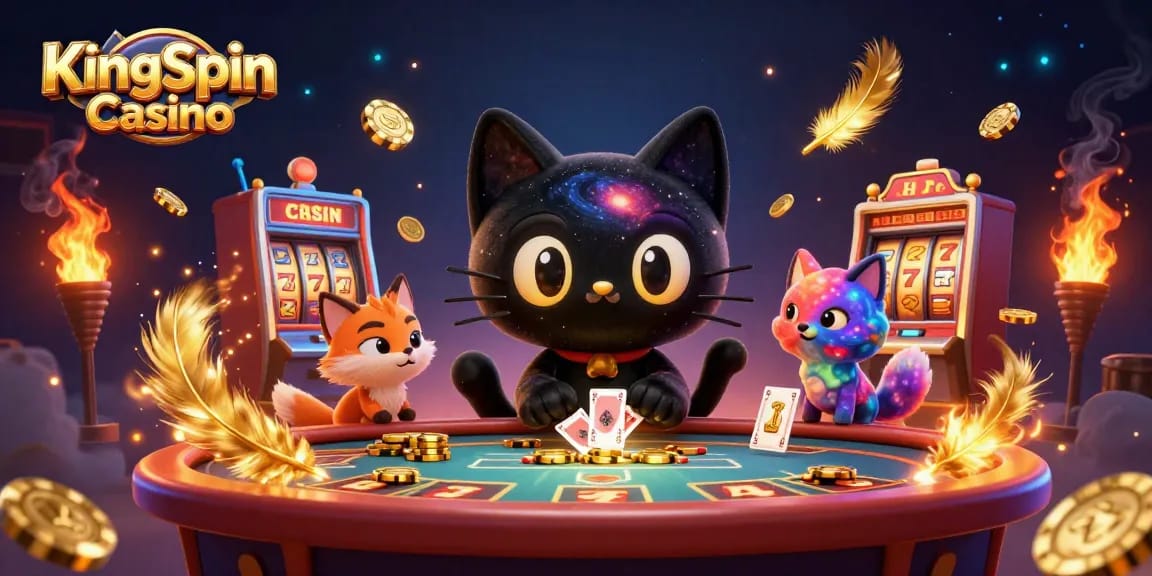 A KingSpin Casino játékosai a nyerőgépes asztalnál, figyelemfelkeltő vizuális hatásokkal.