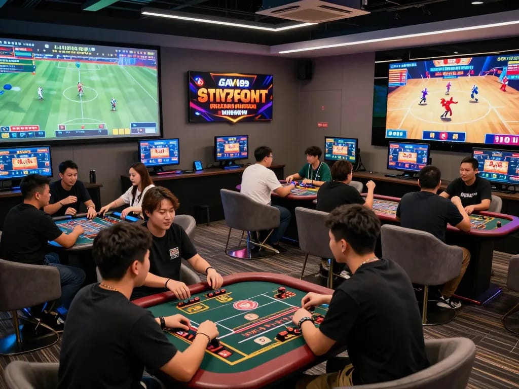 Engaging scene at Gavn99, showing players enjoying sports betting, casino games, and live cockfighting in a vibrant gaming lounge.