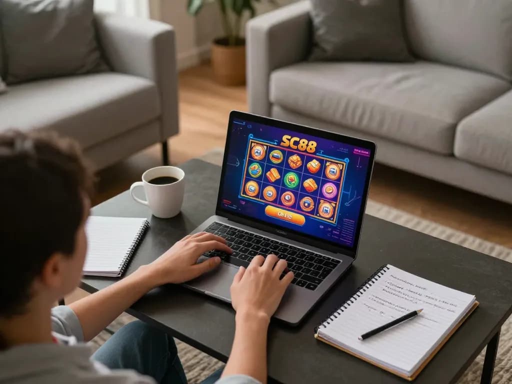 Engaging in online gambling at https://sc88.games/ on a cozy laptop setup, showcasing an interactive slot game and strategic notes.