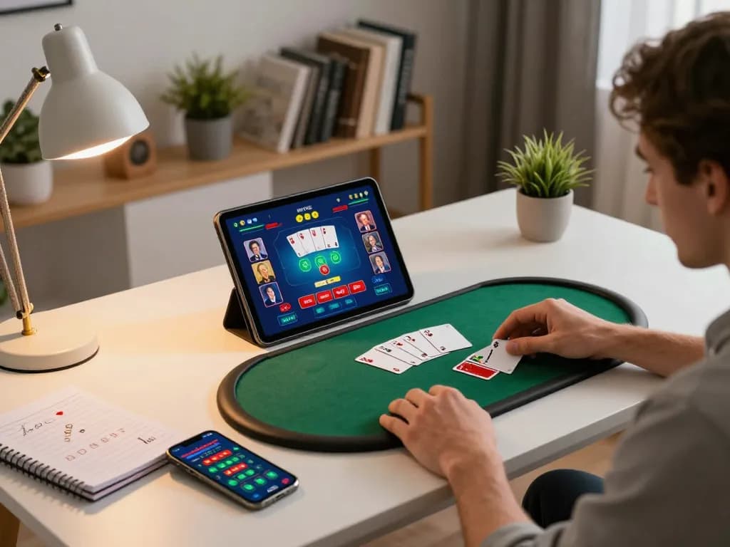Player strategizing on 8xbet poker game using tablet in a cozy home office.