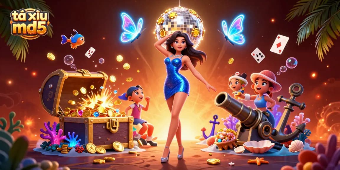 Experience the excitement of tài xỉu md5 with vibrant characters, gold coins, and casino elements.