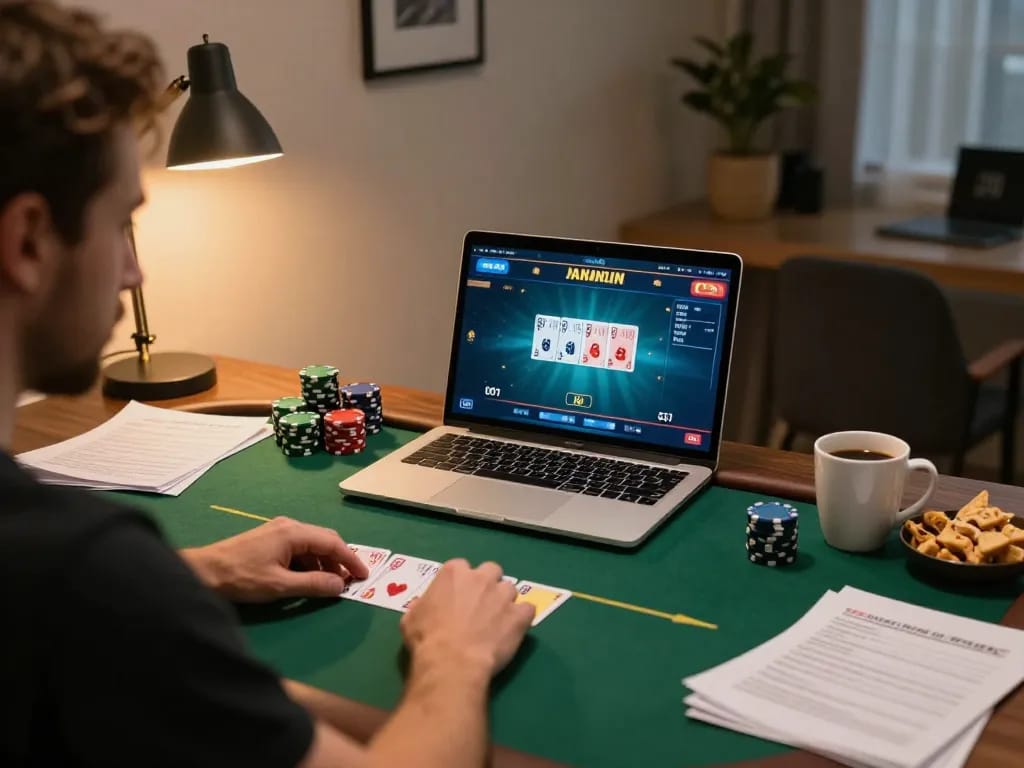 Engaged player winning at poker online with 789 strategies and notes in cozy home setup