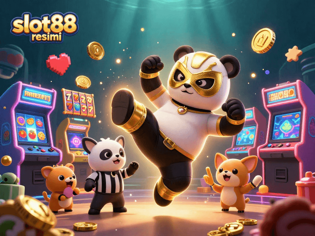 Engage with slot88 resmi in an exciting 3D gaming scene featuring a wrestler panda and vibrant slot reels.