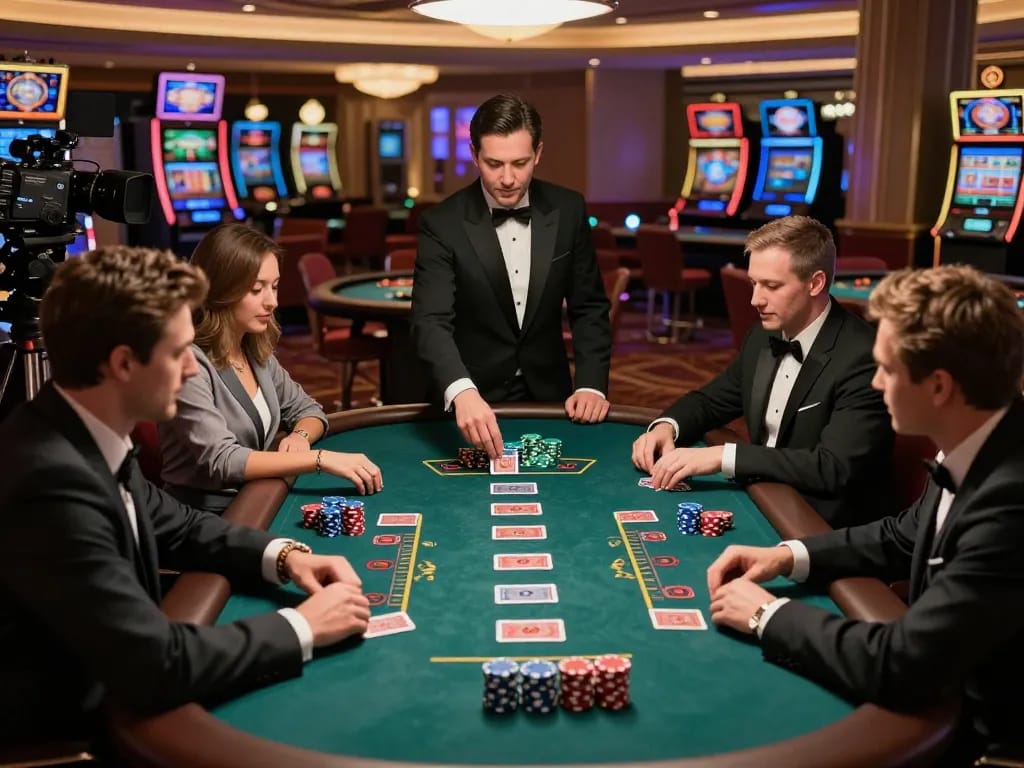 FC88 players strategizing at a high-stakes blackjack table in a luxury casino.