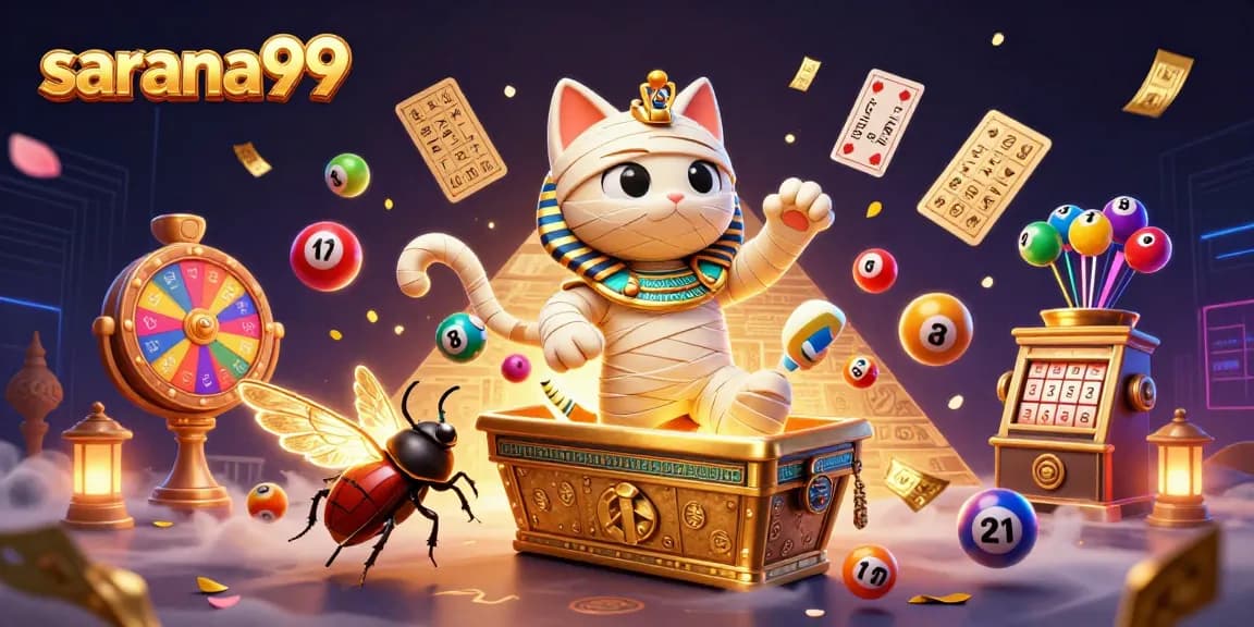 Play games at sarana99, featuring a dynamic casino scene with a mummy cat and vibrant game elements.
