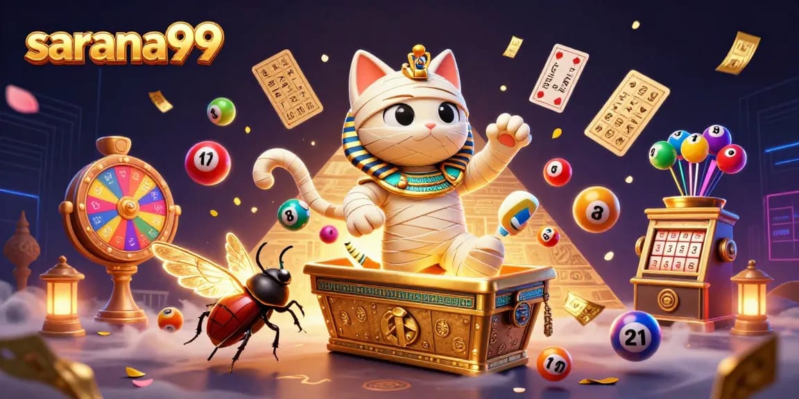 Play games at sarana99, featuring a dynamic casino scene with a mummy cat and vibrant game elements.