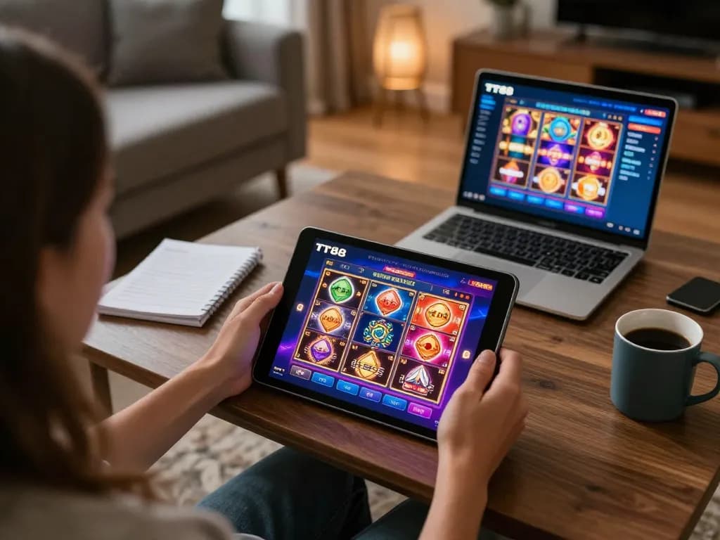 Engaging with TT88 casino app on a cozy home setup illustrating responsible gambling strategies