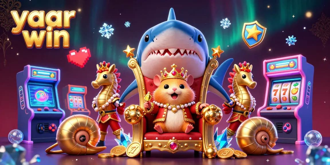 Experience yaar win at an arcade-style casino with a golden hamster king and vibrant gaming elements.