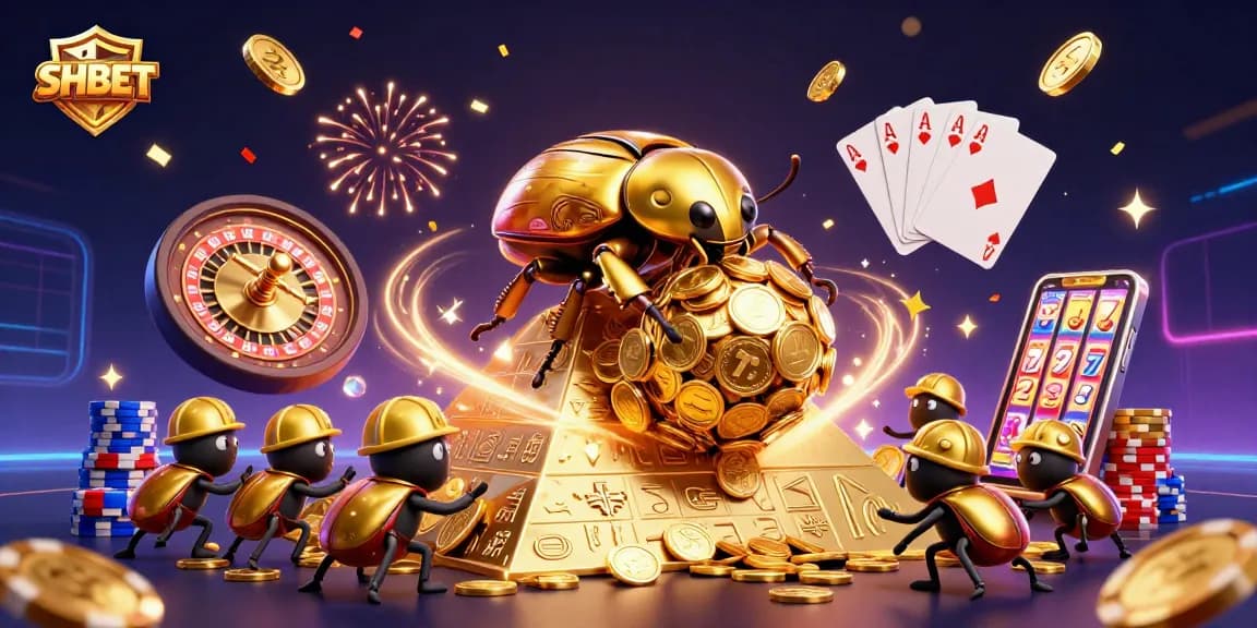 Engage with SHBET's exciting casino world, featuring a golden dung beetle and wealth-themed elements.