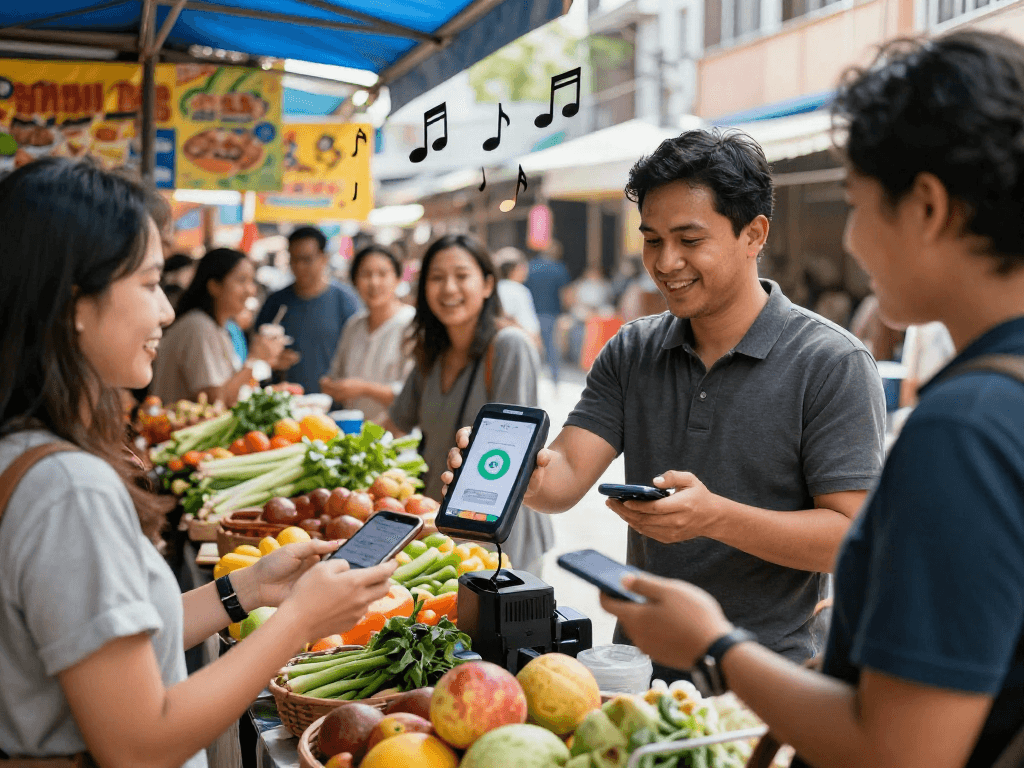 Merchant accepting slot qris payments in a vibrant urban market with customers engaged.