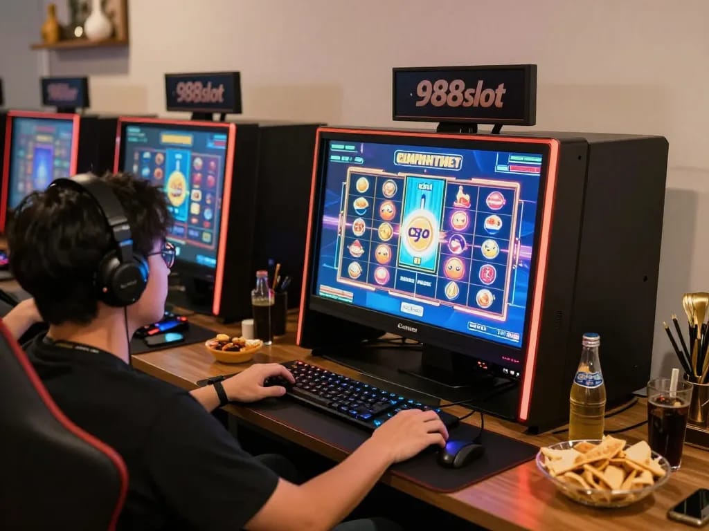 Player enjoying a thrilling moment on 988slot, engaging with vibrant digital slot machine interface