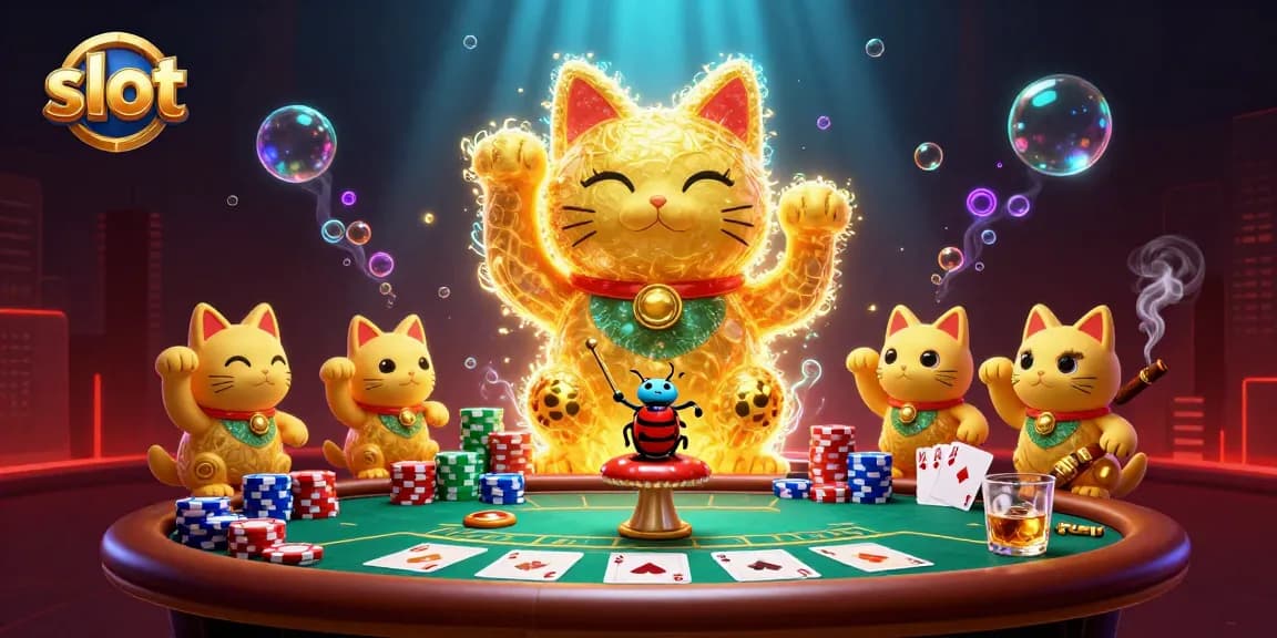 Spin the slot as a lucky cat waves with casino elements in this vibrant 3D scene