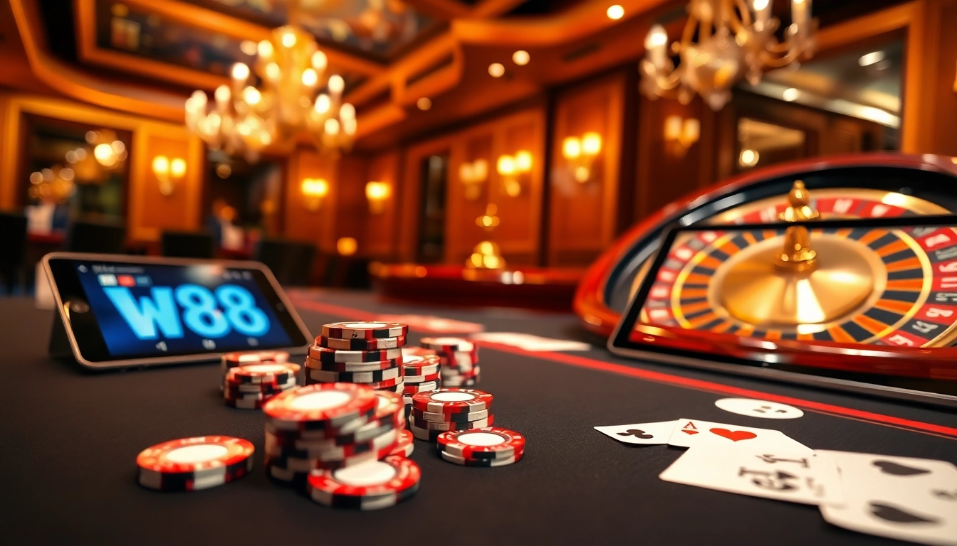 W88 poker table with vibrant atmosphere and engaging gameplay features.