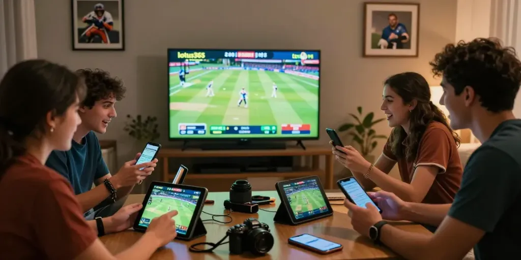 Friends enjoying cricket and betting on lotus365 in a lively atmosphere