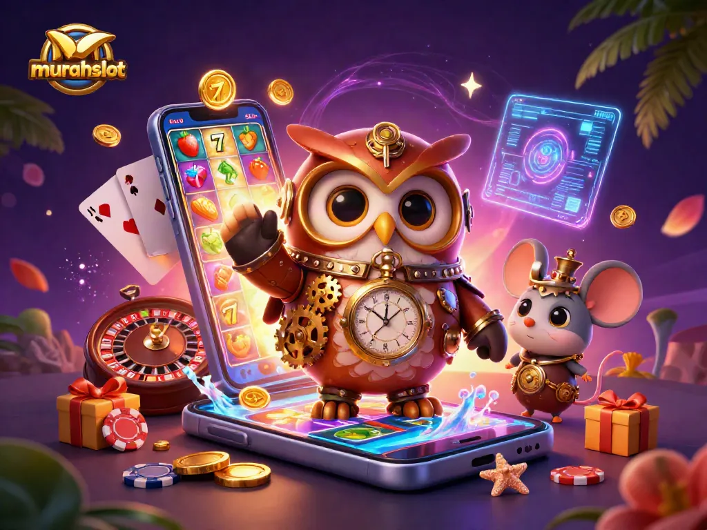 Visualisasi slot menarik di murahslot dengan karakter menarik dan elemen kasino yang memukau.