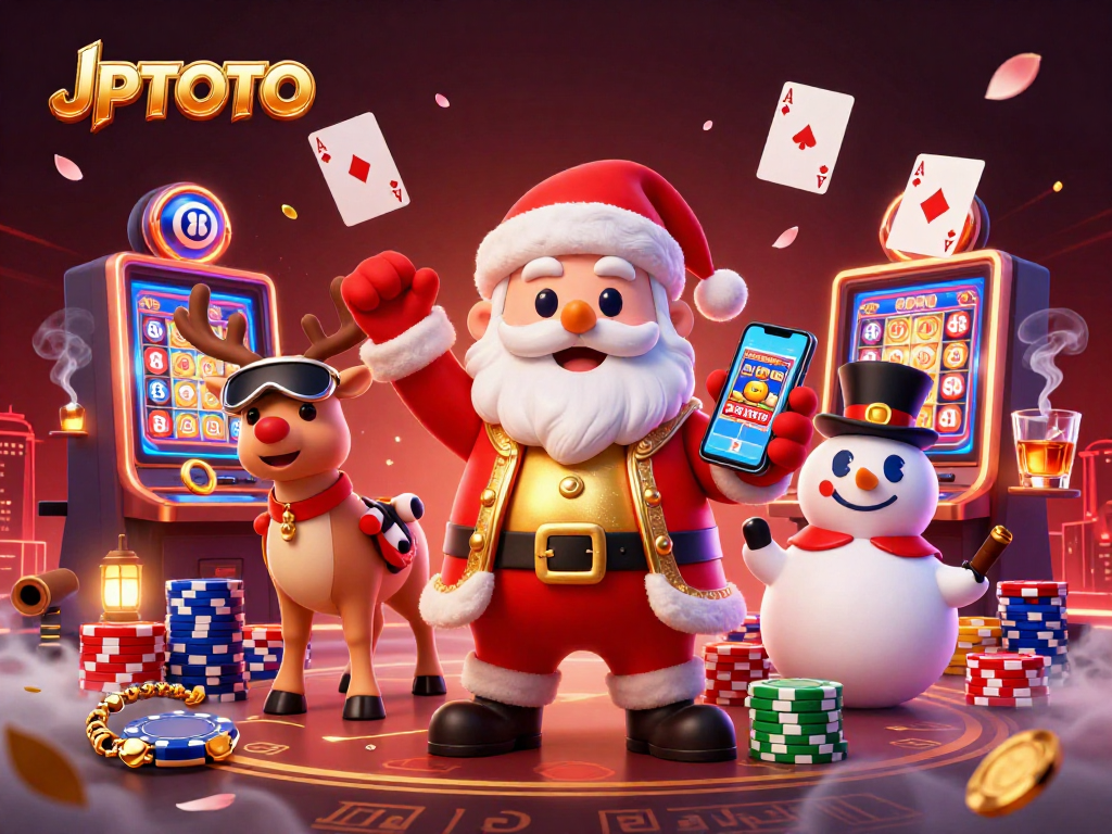 Win big with JPTOTO in a vibrant 3D casino scene featuring Santa and friends.