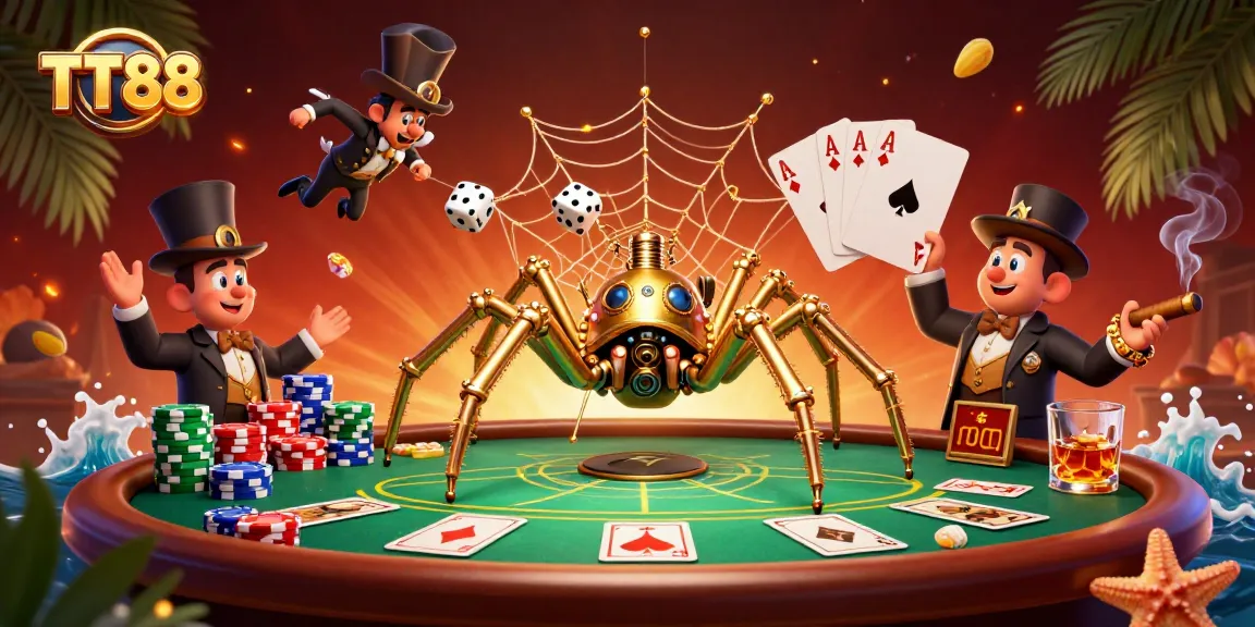 Experience TT88's vibrant casino atmosphere with a steampunk spider and poker elements.