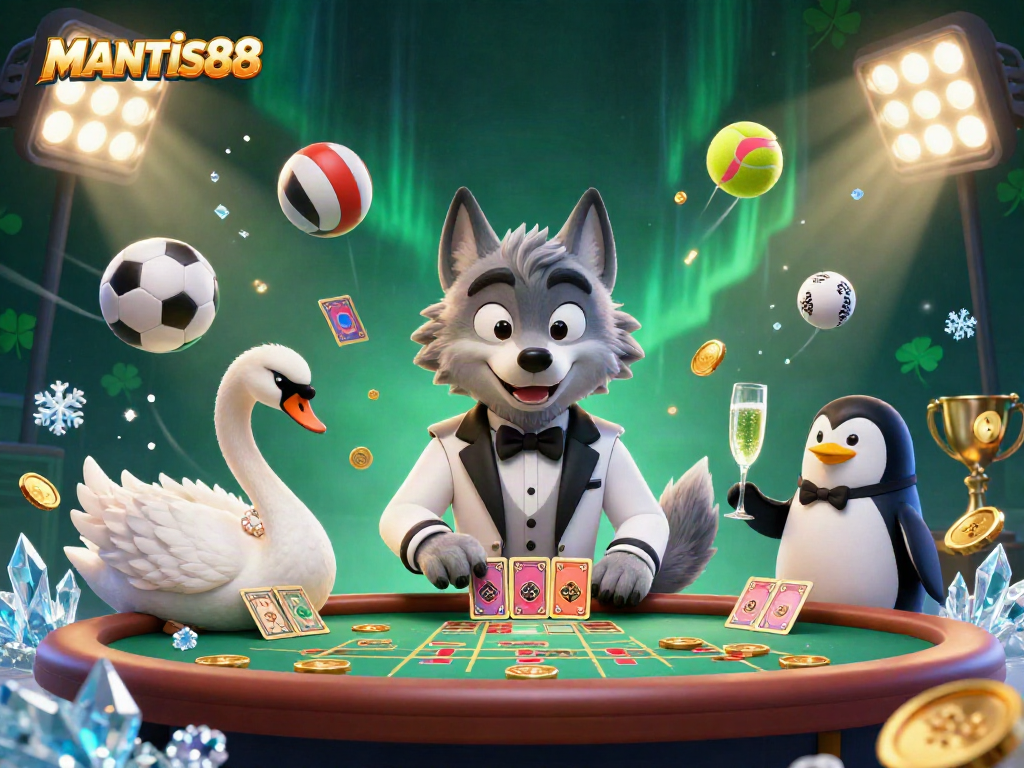 MANTIS88 showcases a dynamic scene with a cartoon wolf, swan, and penguin playfully engaged at a baccarat table.