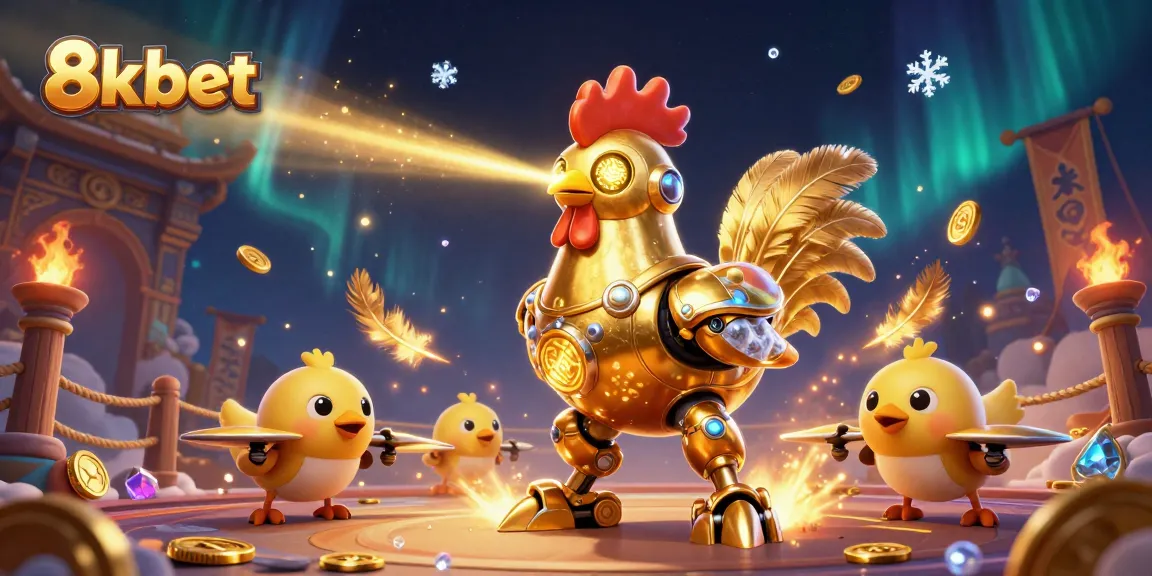 Engage with 8xbet's thrilling casino experience featuring a golden rooster robot in a dynamic gaming scene.