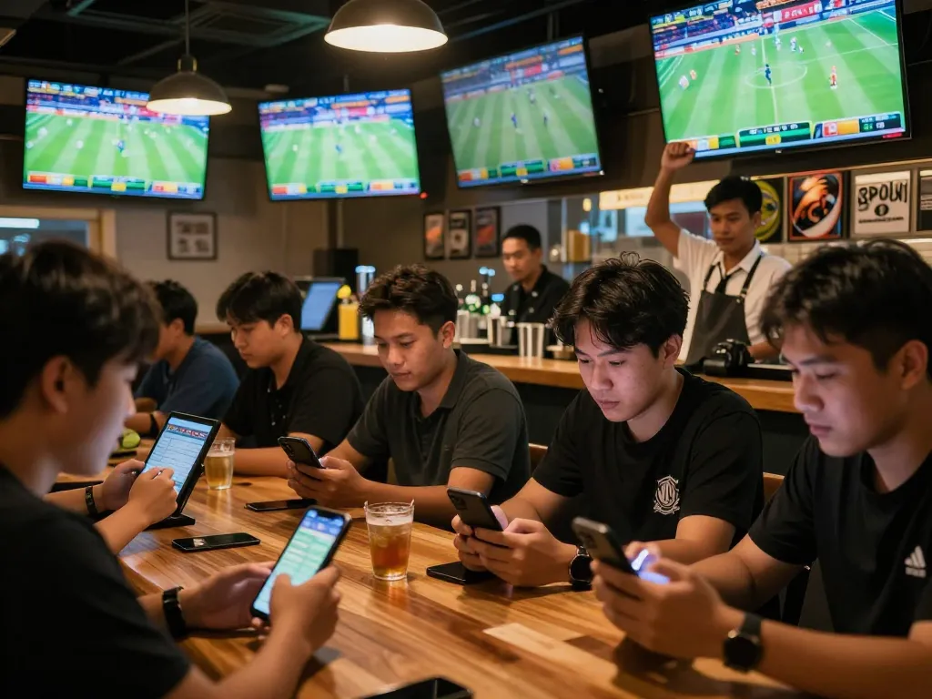 Sports bar patrons engaging in live betting while following ty le keo nha cai on multiple screens.