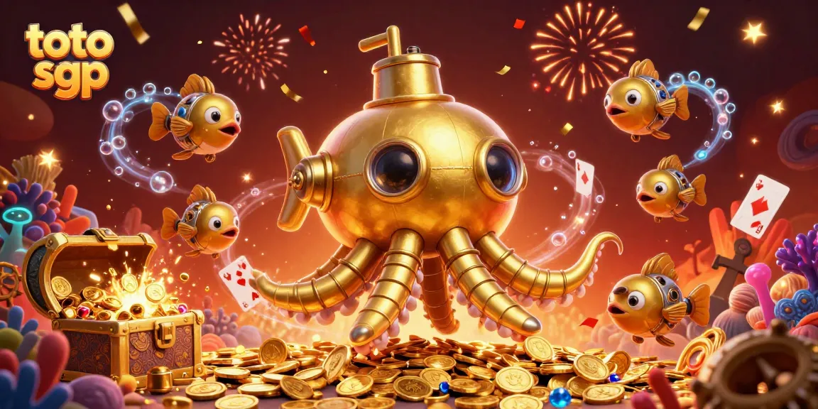 Engage with thrilling toto sgp lottery scenes featuring a golden kraken submarine amidst treasure.