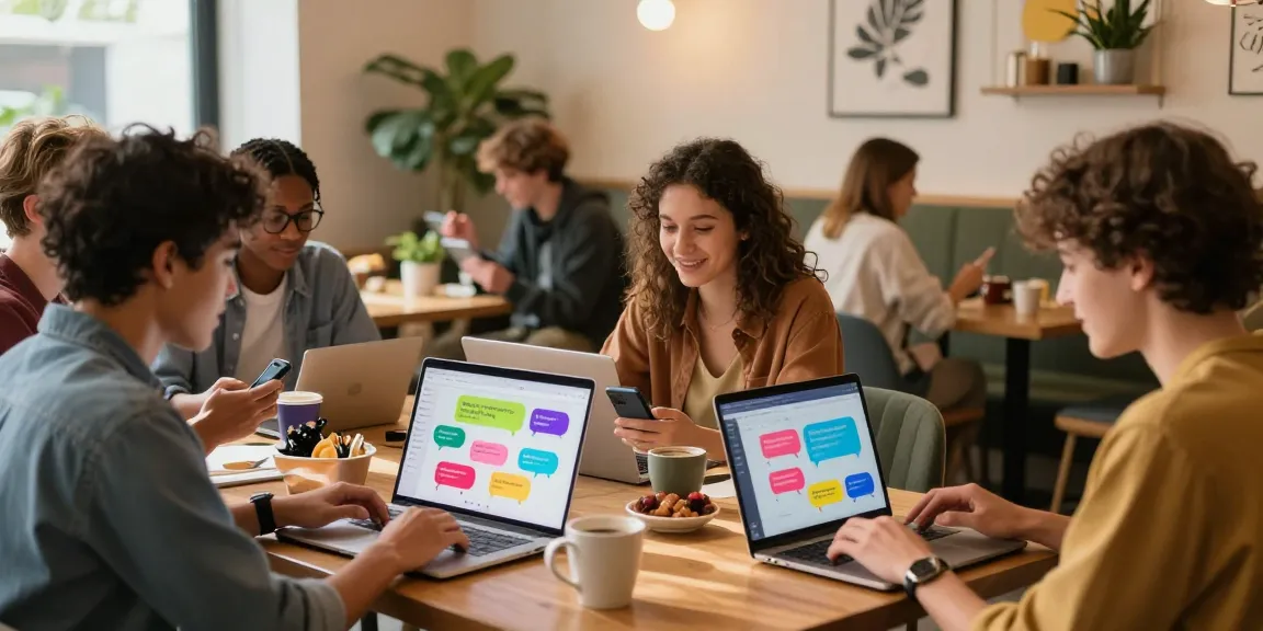 Engaging lively conversations on شات الخليج platform in a cozy café setting