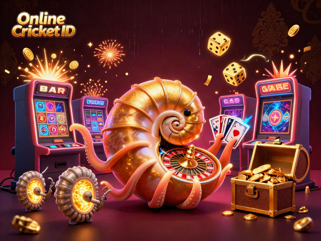 Experience the excitement of Online Cricket ID with vibrant 3D illustrations of casino elements and a unique nautilus character.