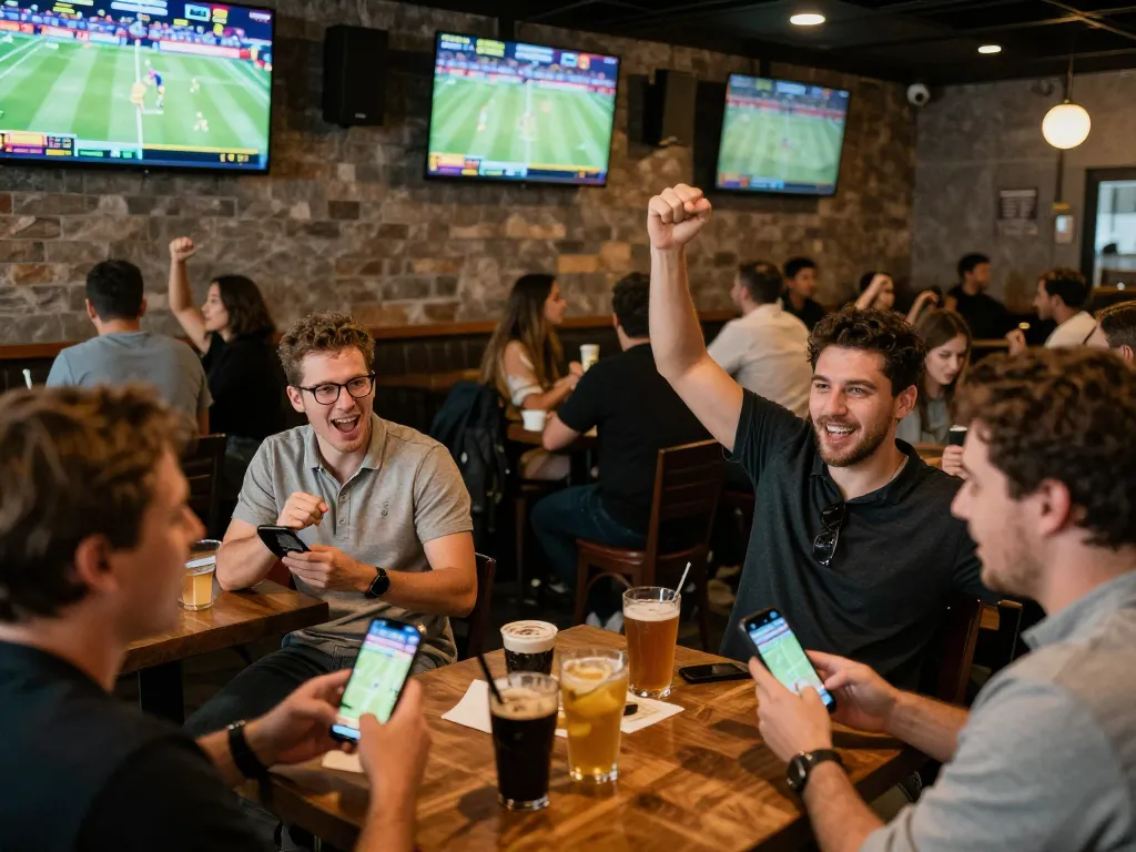 Exciting sports betting atmosphere at badak178 with fans cheering and placing bets