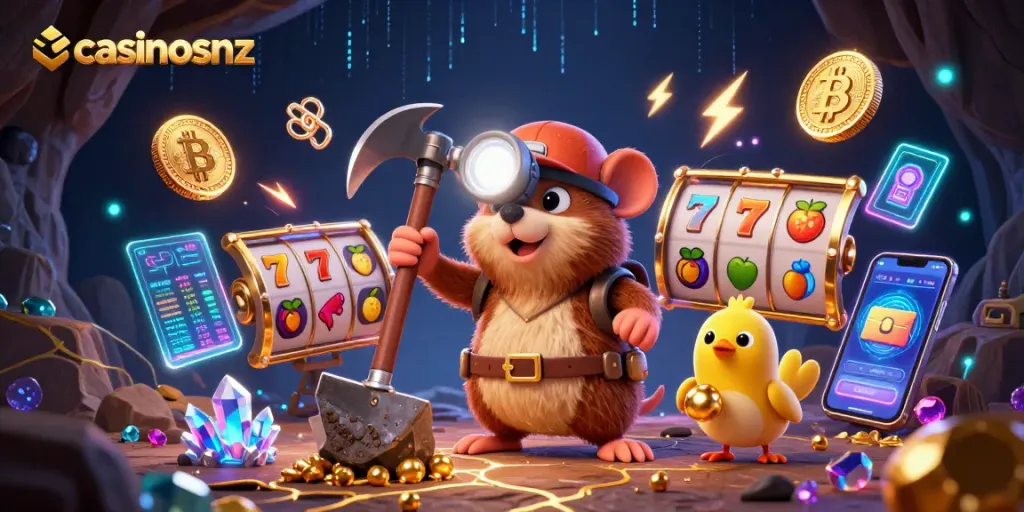 Experience thrilling slots at casinosnz with our treasure hunter mole demonstrating exciting jackpot action.