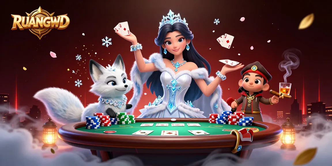 Engage in gaming excitement at RUANGWD with 3D characters, cards, and sparkling casino elements.