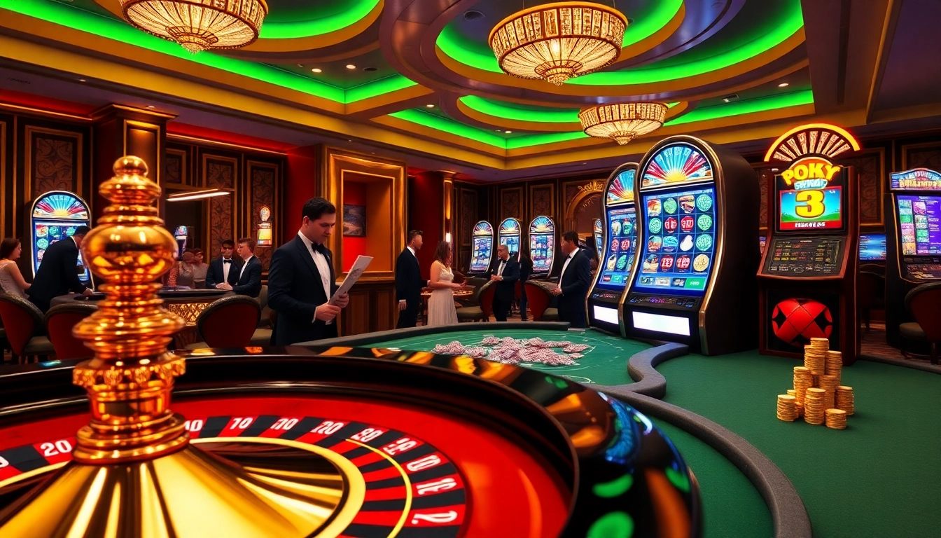 Exciting gambling scene showcasing gg88 media, roulette and slot winnings in a luxurious casino atmosphere