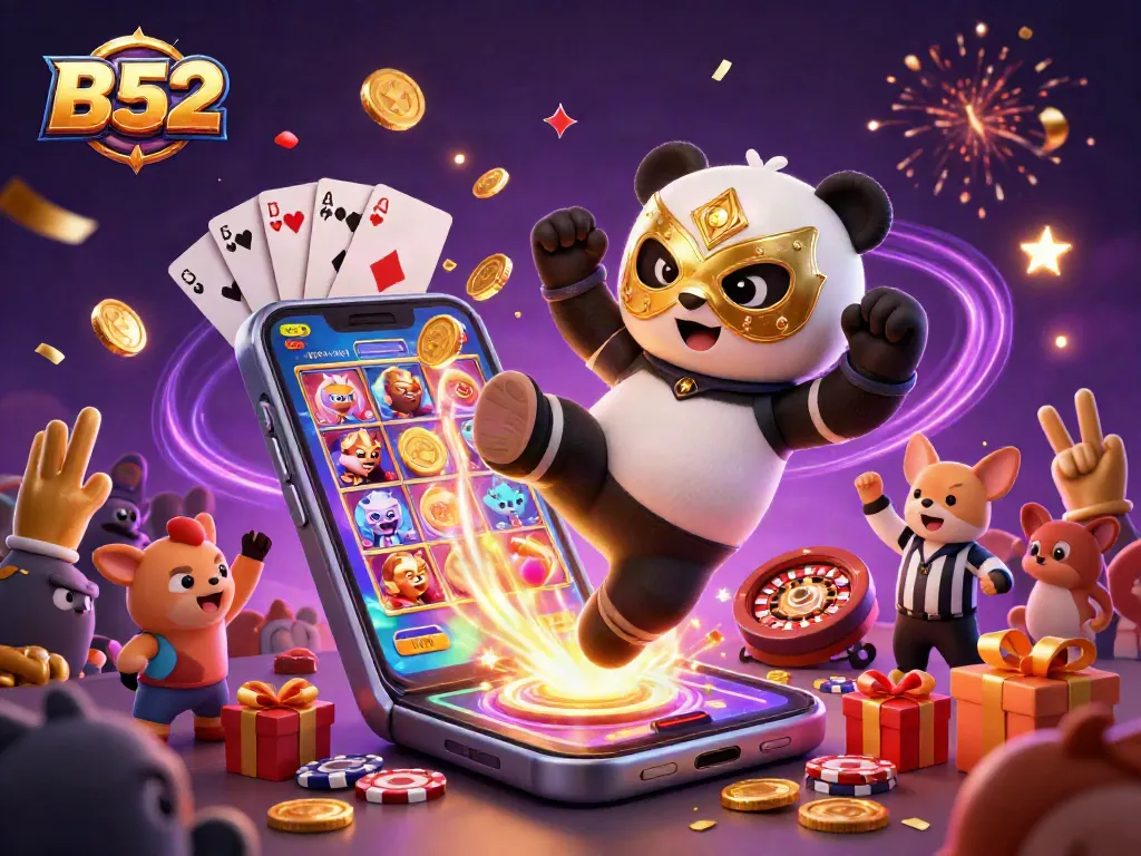 B52 themed 3D illustration of a professional wrestler panda and referee chihuahua in a vibrant casino setting.
