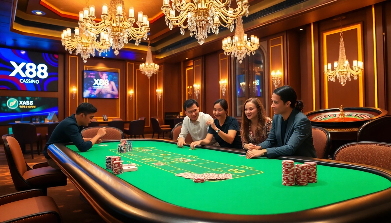 Players enjoying a thrilling poker game at X88 casino, showcasing vibrant chips and cards.