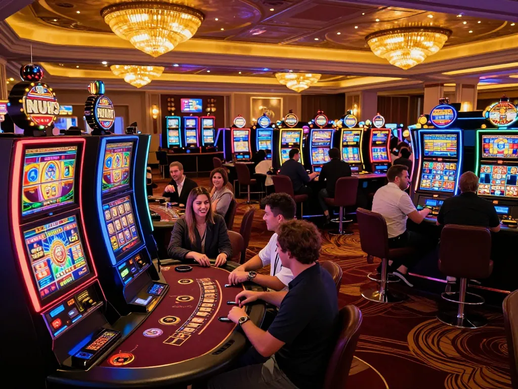 Players engaging with vibrant slot machines at du88 casino, showcasing lively gaming action.