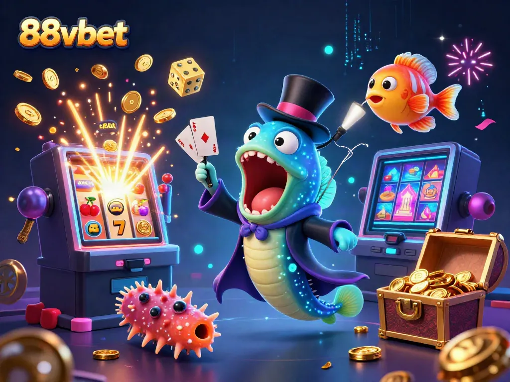 Experience thrilling card tricks with 88vbet's unique characters in this vibrant 3D casino scene.
