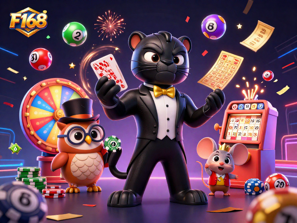 Experience thrilling games at F168 with colorful lottery balls, cards, and fun characters!