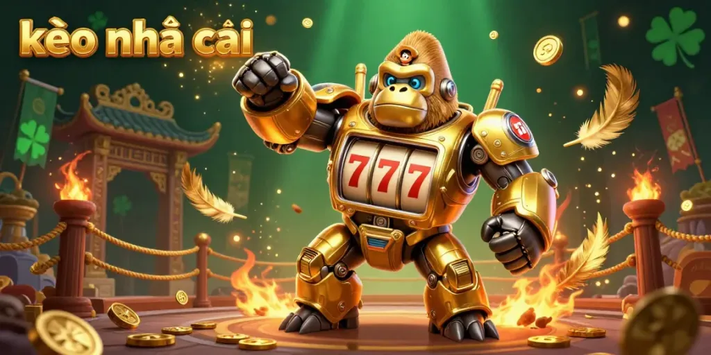 Experience vibrant action with kèo nhà cái as the golden gorilla mech launches a spectacular coin explosion.