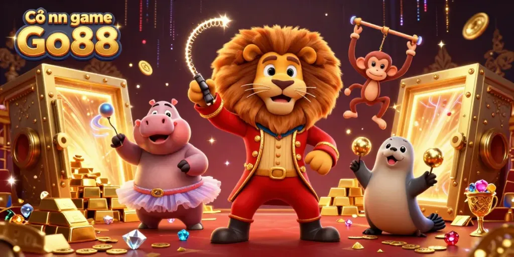 Experience the excitement of Cổng game Go88 with vibrant characters and treasures in a dazzling casino scene.