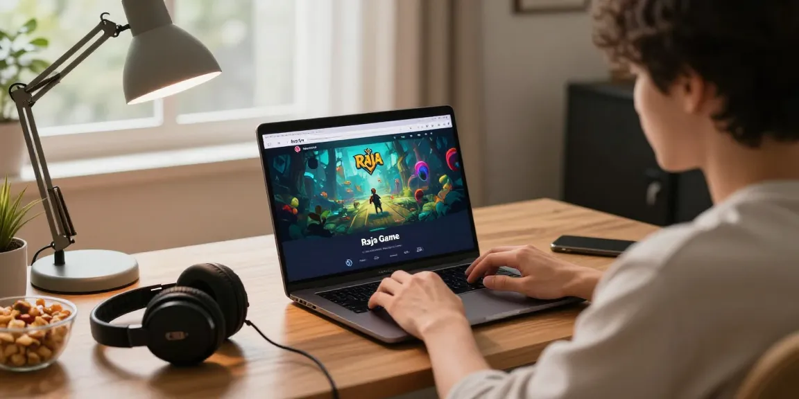 Raja Game login interface being used by a player in a cozy home gaming setup, showcasing the engaging interface and relaxed atmosphere.