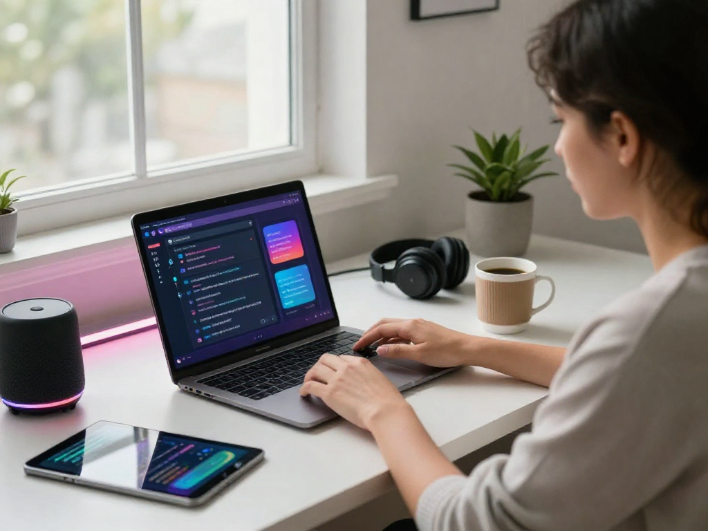 User engaging in AI porn chat on a laptop, vibrant interface with conversation snippets, modern workspace ambiance.
