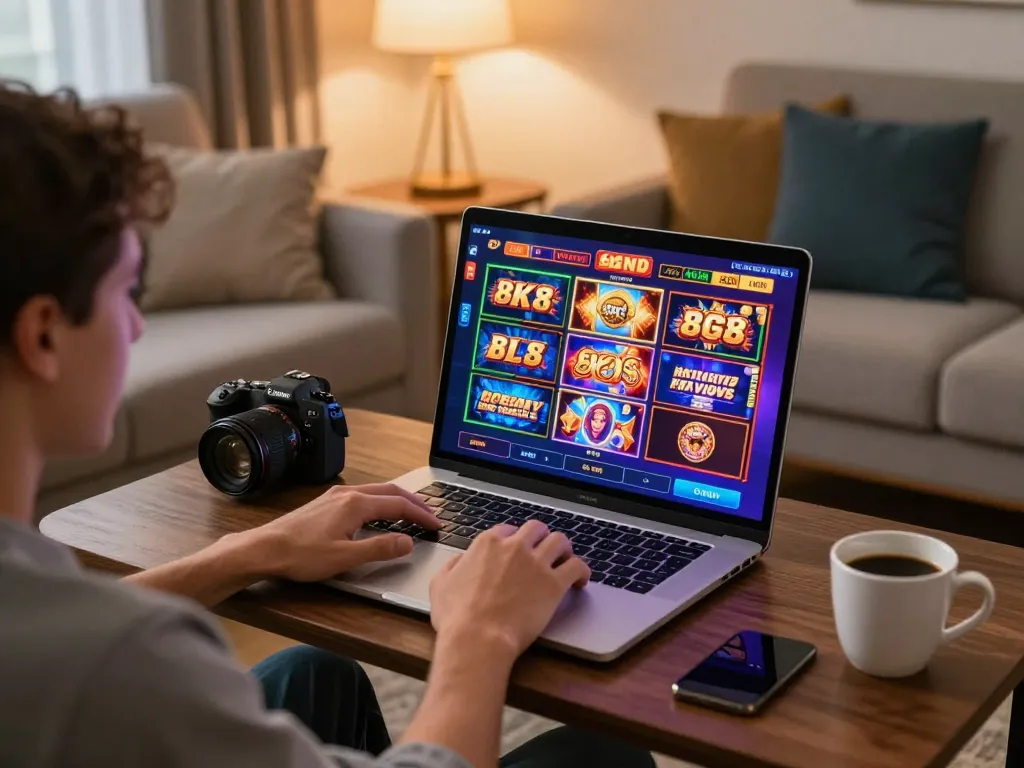 Players engaging with the 8K8 casino slots on a sleek laptop, enjoying a cozy home gaming environment.