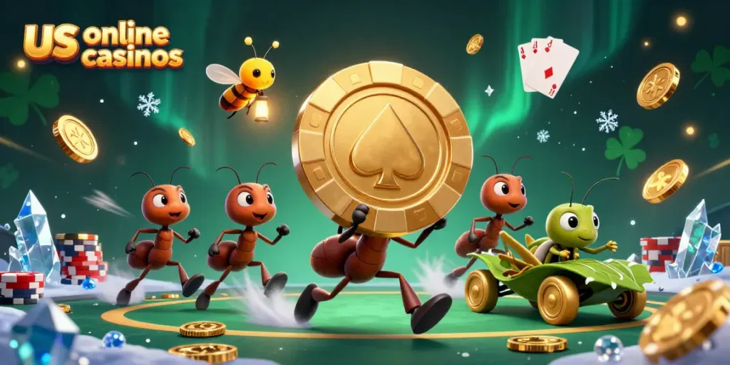 Dynamic scene of ants heisting a giant poker chip in an exciting animated online casino setting.