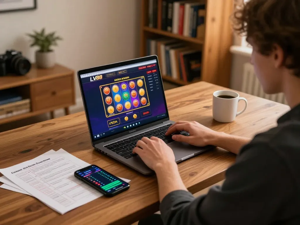 Player engaging with LV88 online casino on a laptop showcasing a colorful slot game.
