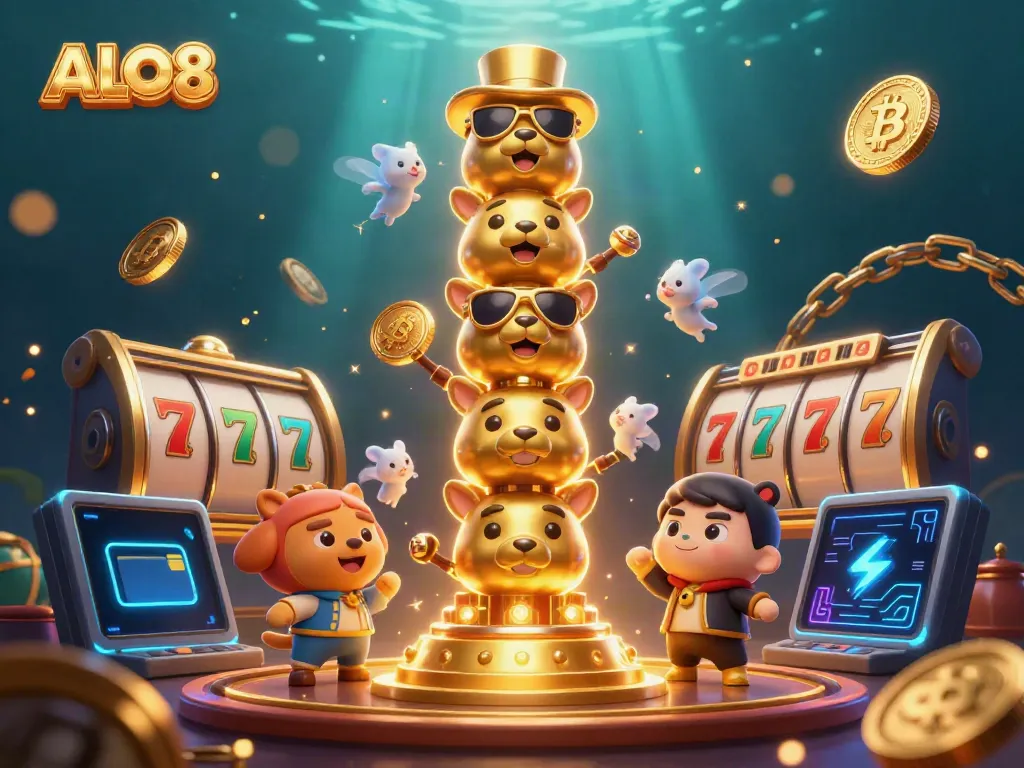 Engage with the ALO8 casino experience featuring lively 3D totem characters amidst dynamic slot reels and cryptocurrency elements.